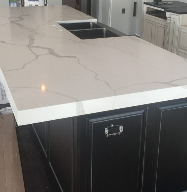 3” Mitered Apron built up edge on Calcatta Classique Quartz Island