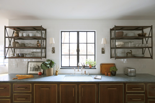 Exposed shelves and unique sink