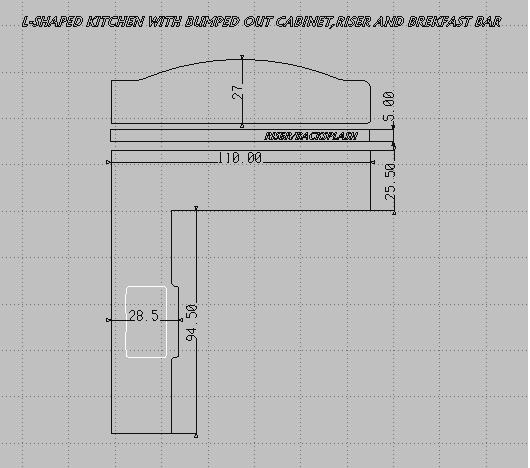 L-shaped kitchen with bumped out cabinet, riser and breakfast bar plan