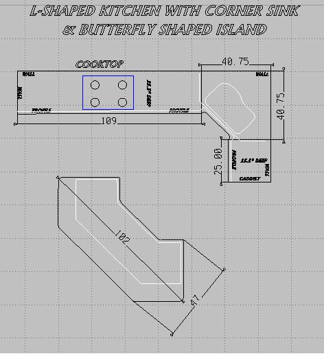 L-shaped kitchen with corner sink and butterfly shaped island