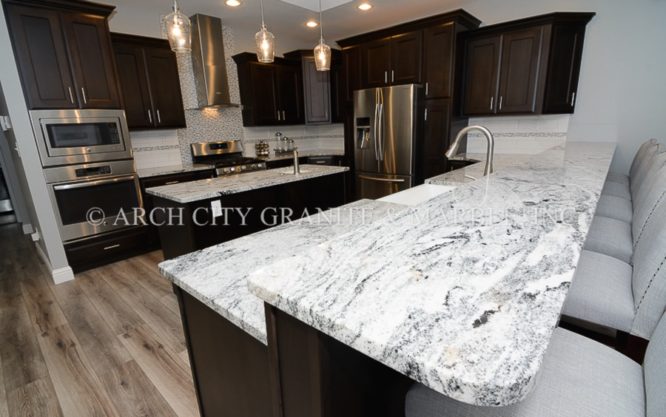 Lighter version Silver Cloud granite installed with dark Espresso cabinets